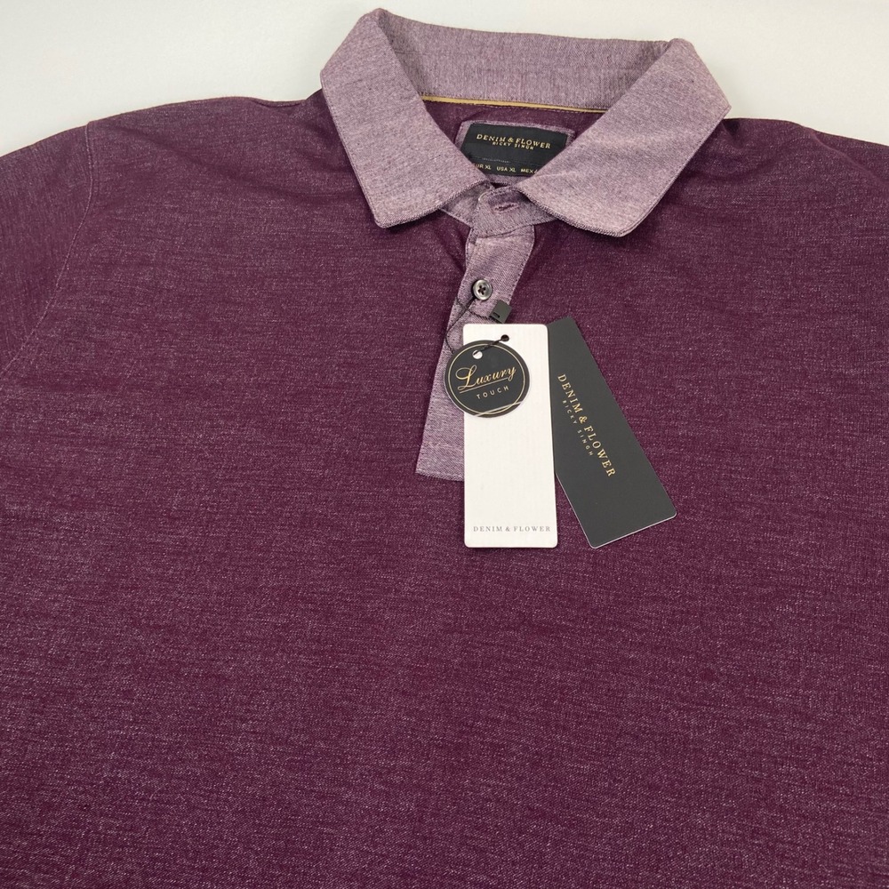Denim & Flower Mens XL Burgundy Polo Shirt NEW Luxury Touch Short Sleeve Marled